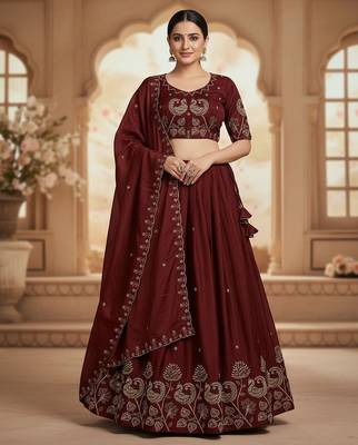 Maroon Womens Lehenga Choli with Embroidered Dupatta 1