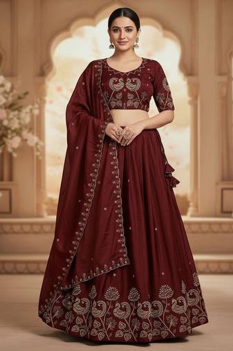 Maroon Womens designer Lehenga Choli with Embroidered Dupatta
