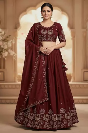 Maroon Womens designer Lehenga Choli with Embroidered Dupatta