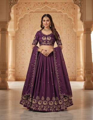 Wine Womens Lehenga Choli with Embroidered Dupatta 1