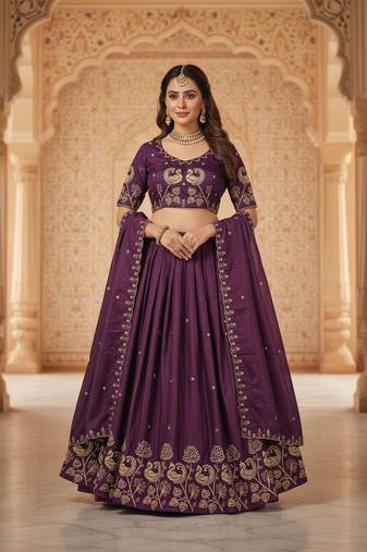 Wine Womens designer Lehenga Choli with Embroidered Dupatta