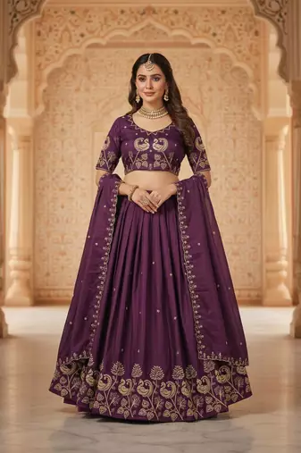 Wine Womens designer Lehenga Choli with Embroidered Dupatta
