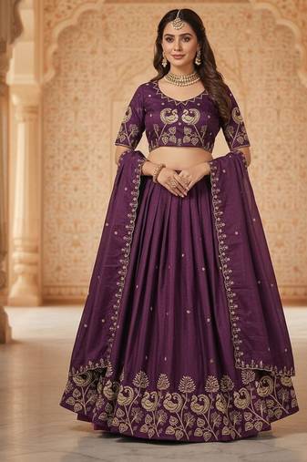 Wine Womens Lehenga Choli with Embroidered Dupatta