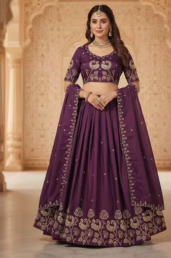 Wine Womens Lehenga Choli with Embroidered Dupatta