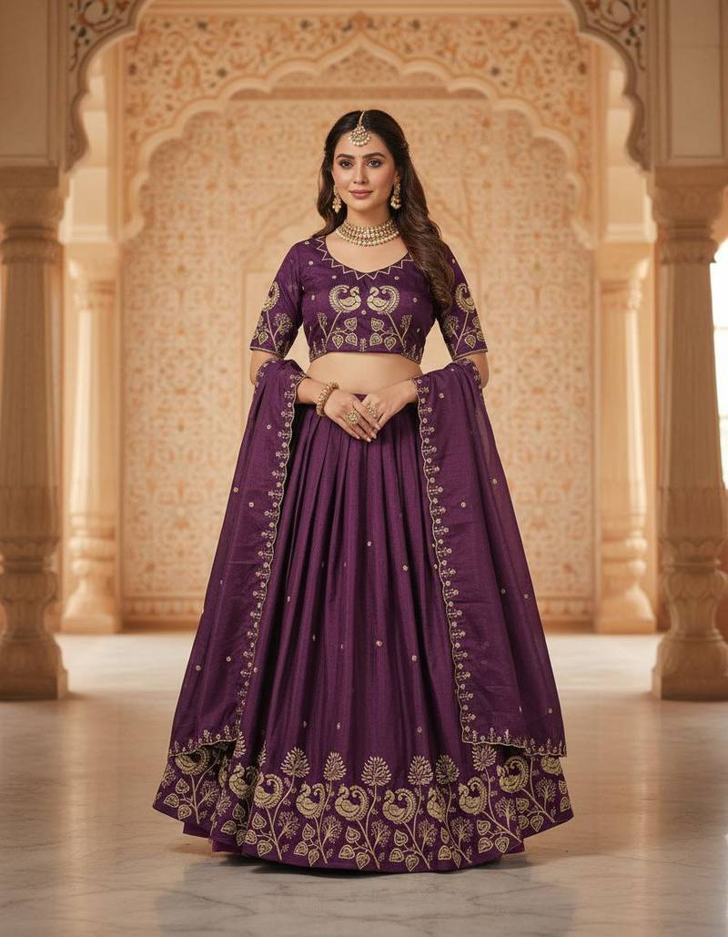 Wine Womens designer Lehenga Choli with Embroidered Dupatta