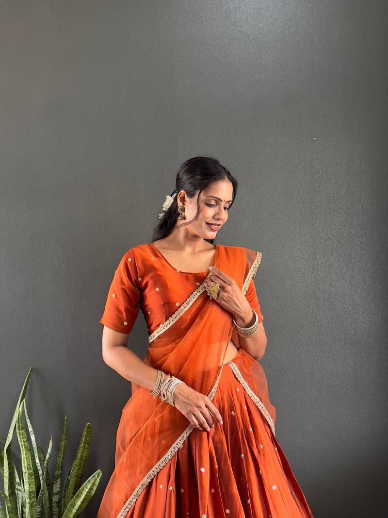 Orange Stylist South style Lehenga Choli Set