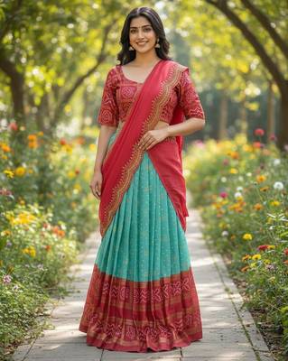 Sky Blue heavy foil print Work Lehenga Choli Set 1