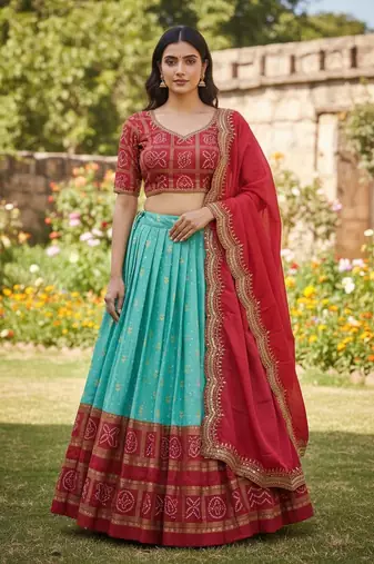 Sky Blue heavy foil print Work Lehenga Choli Set