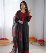 Women black reyon cotton thread work salwar suit