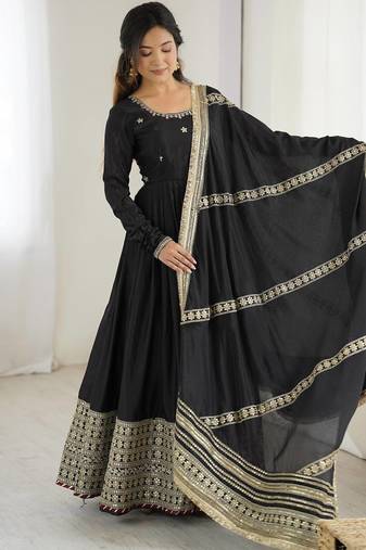 Women black chinon silk thread sequin anarkali suit