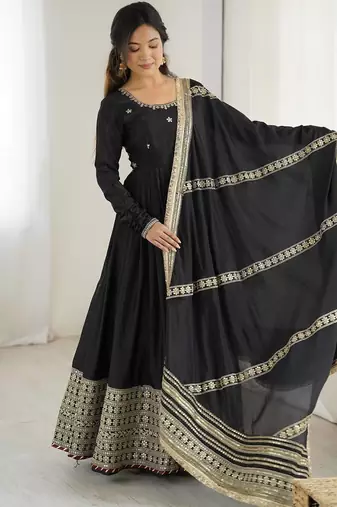Women black chinon silk thread sequin anarkali suit