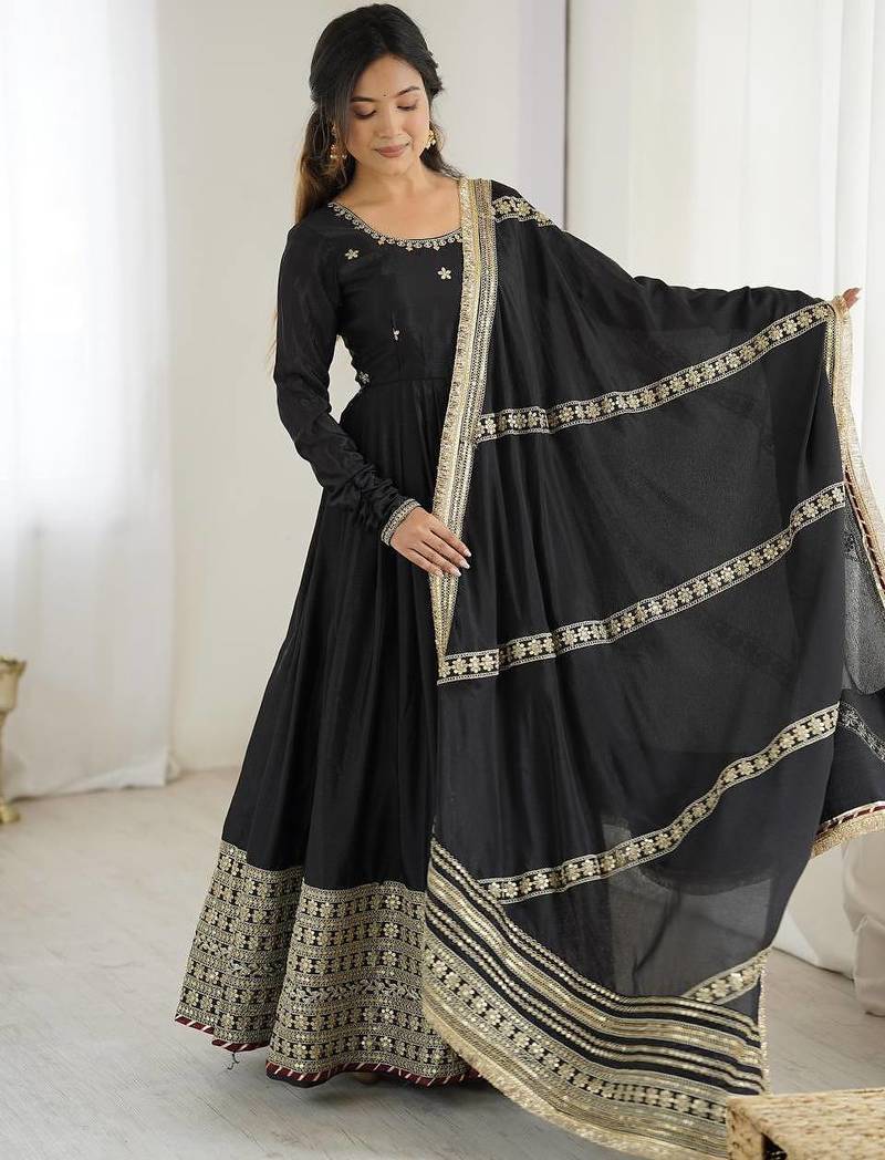 Women black chinon silk thread sequin anarkali suit