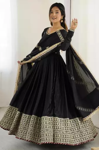 Women black chinon silk thread sequin anarkali suit