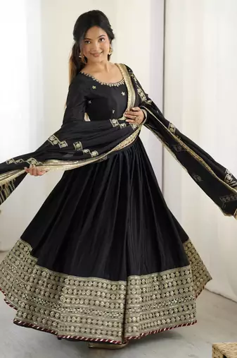 Women black chinon silk thread sequin anarkali suit