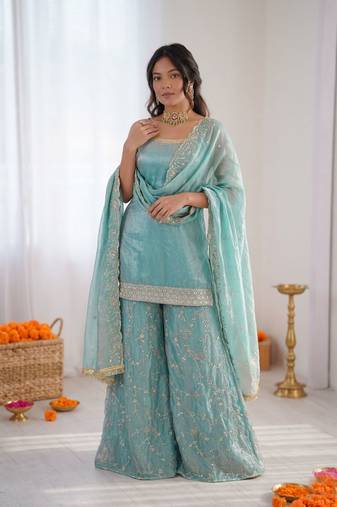Women sky blue fendy silk thread sequin palazzo suit