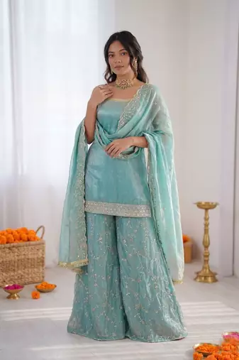 Women sky blue fendy silk thread sequin palazzo suit