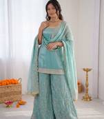 Women sky blue fendy silk thread sequin palazzo suit