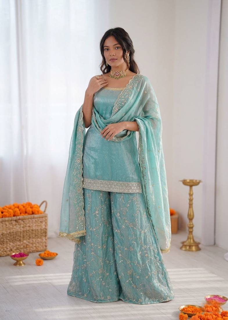 Women sky blue fendy silk thread sequin palazzo suit
