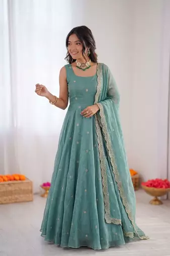 Women sky blue fendy silk thread sequin anarkali suit