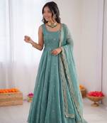 Women sky blue fendy silk thread sequin anarkali suit