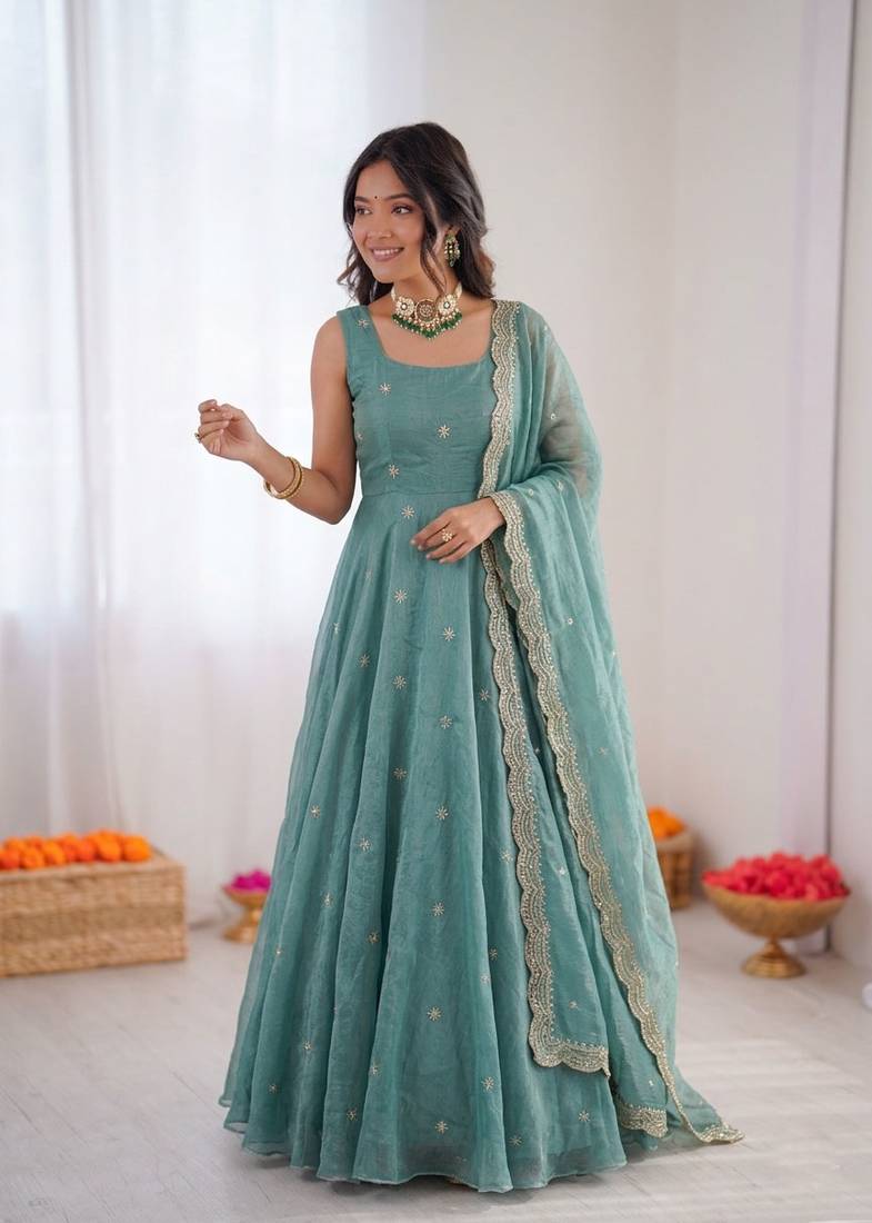 Women sky blue fendy silk thread sequin anarkali suit