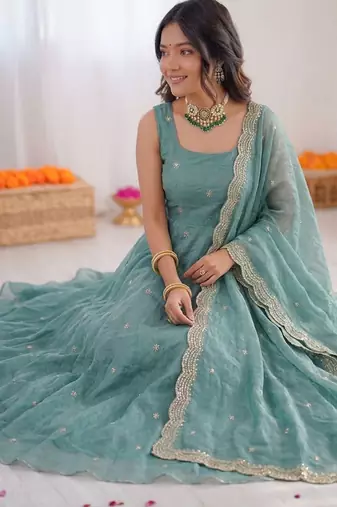 Women sky blue fendy silk thread sequin anarkali suit