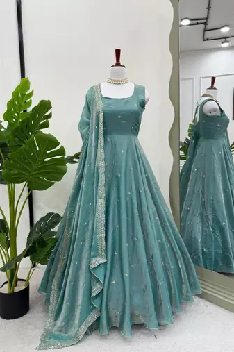 Women sky blue fendy silk thread sequin anarkali suit