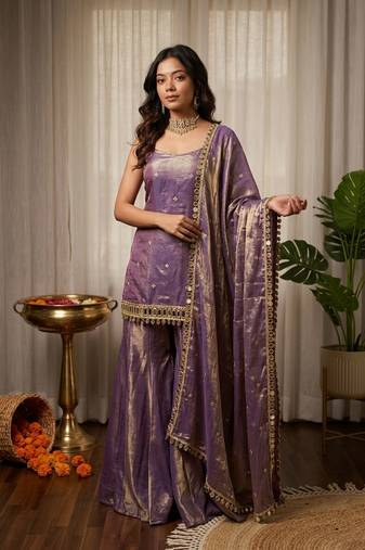 Women lavender fendy silk thread with mirror work palazzo suit