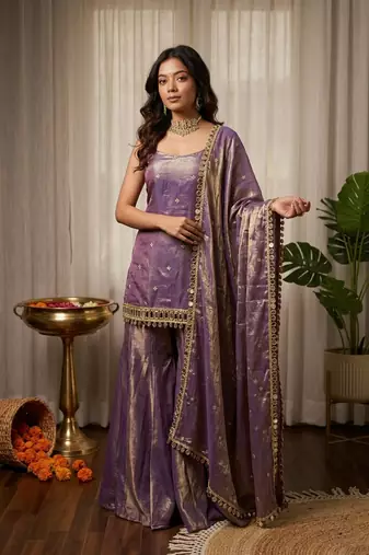 Women lavender fendy silk thread with mirror work palazzo suit