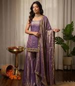 Women lavender fendy silk thread with mirror work palazzo suit