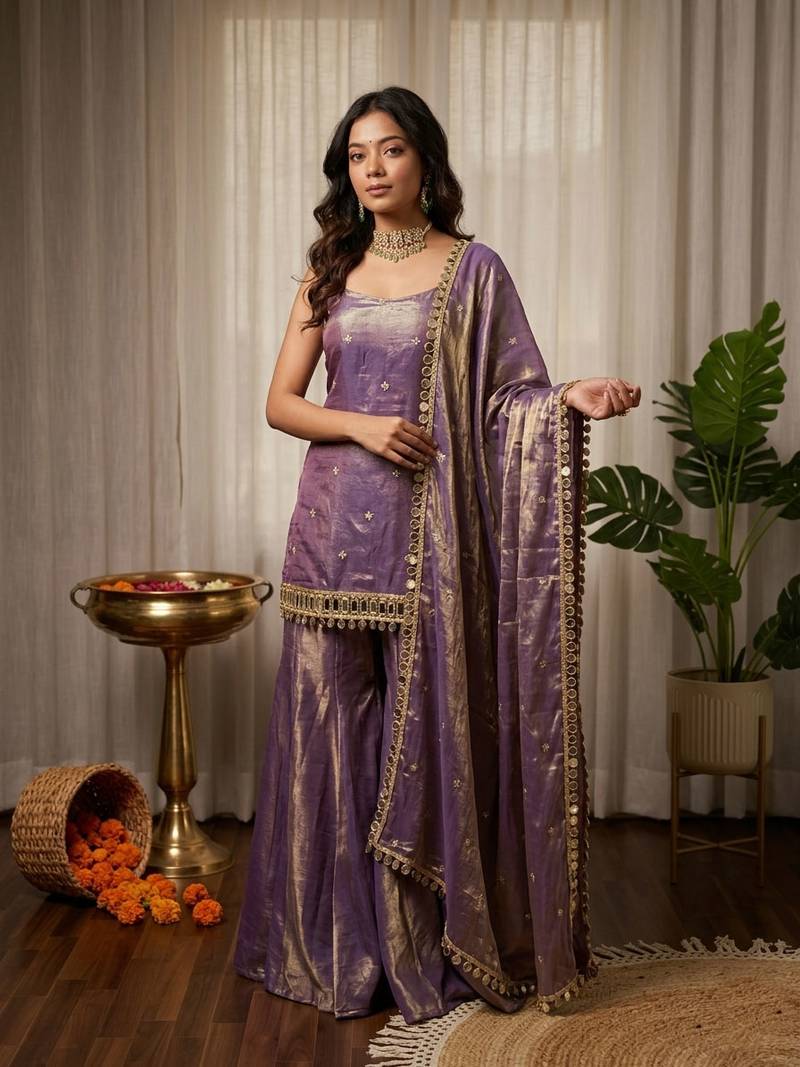 Women lavender fendy silk thread with mirror work palazzo suit