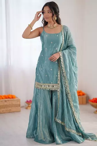 Women turquoise fendy silk thread with mirror work palazzo suit