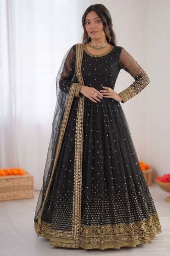 Women black net thread sequin anarkali suit