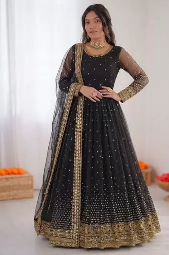 Women black net thread sequin anarkali suit
