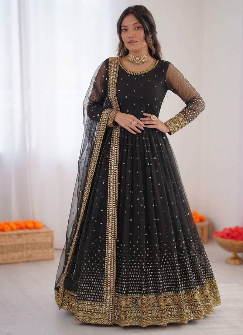 Women black net thread sequin anarkali suit