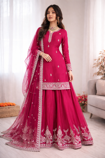 Women pink chinon silk thread sequin palazzo suit