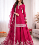 Women pink chinon silk thread sequin palazzo suit