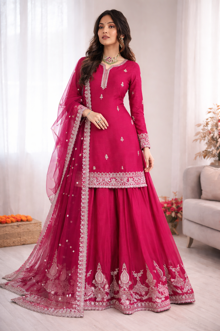 Women pink chinon silk thread sequin palazzo suit