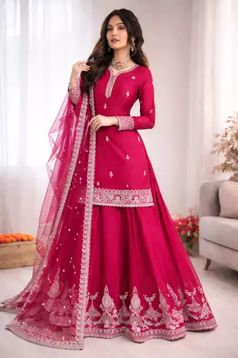 Women pink chinon silk thread sequin palazzo suit
