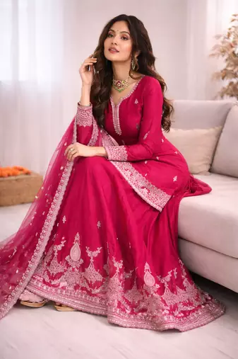Women pink chinon silk thread sequin palazzo suit
