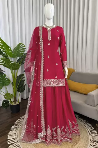 Women pink chinon silk thread sequin palazzo suit