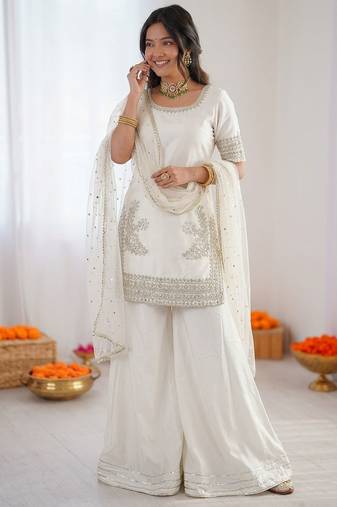 Women off white crepe silk thread sequin palazzo suit