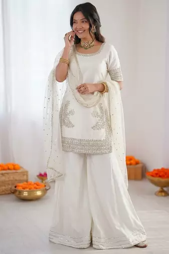 Women off white crepe silk thread sequin palazzo suit