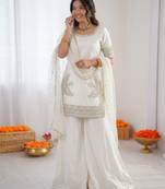 Women off white crepe silk thread sequin palazzo suit