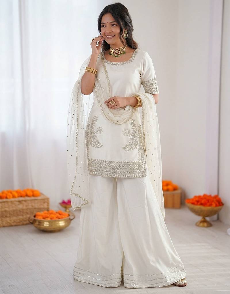 Women off white crepe silk thread sequin palazzo suit