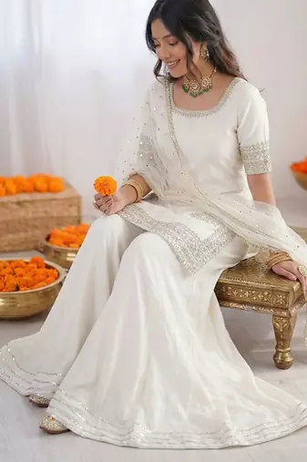 Women off white crepe silk thread sequin palazzo suit