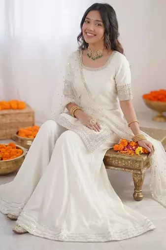 Women off white crepe silk thread sequin palazzo suit