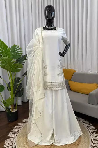 Women off white crepe silk thread sequin palazzo suit