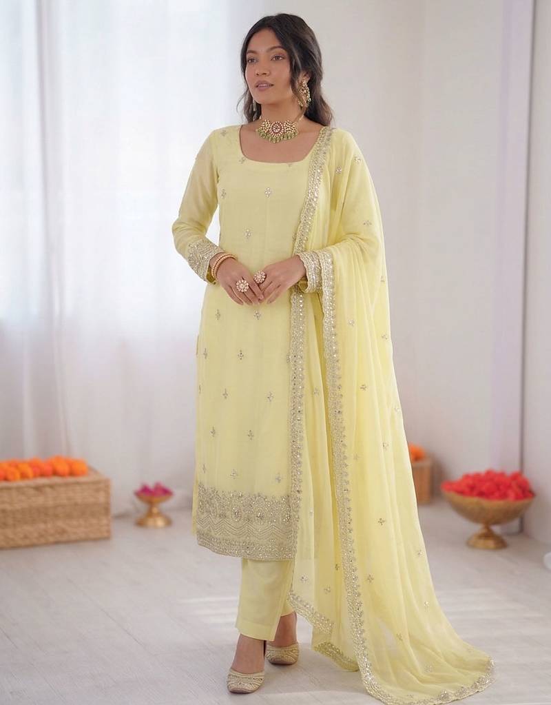 Women cream georgette thread with sequin salwar suit