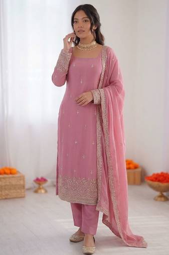Women pink georgette thread with sequin salwar suit